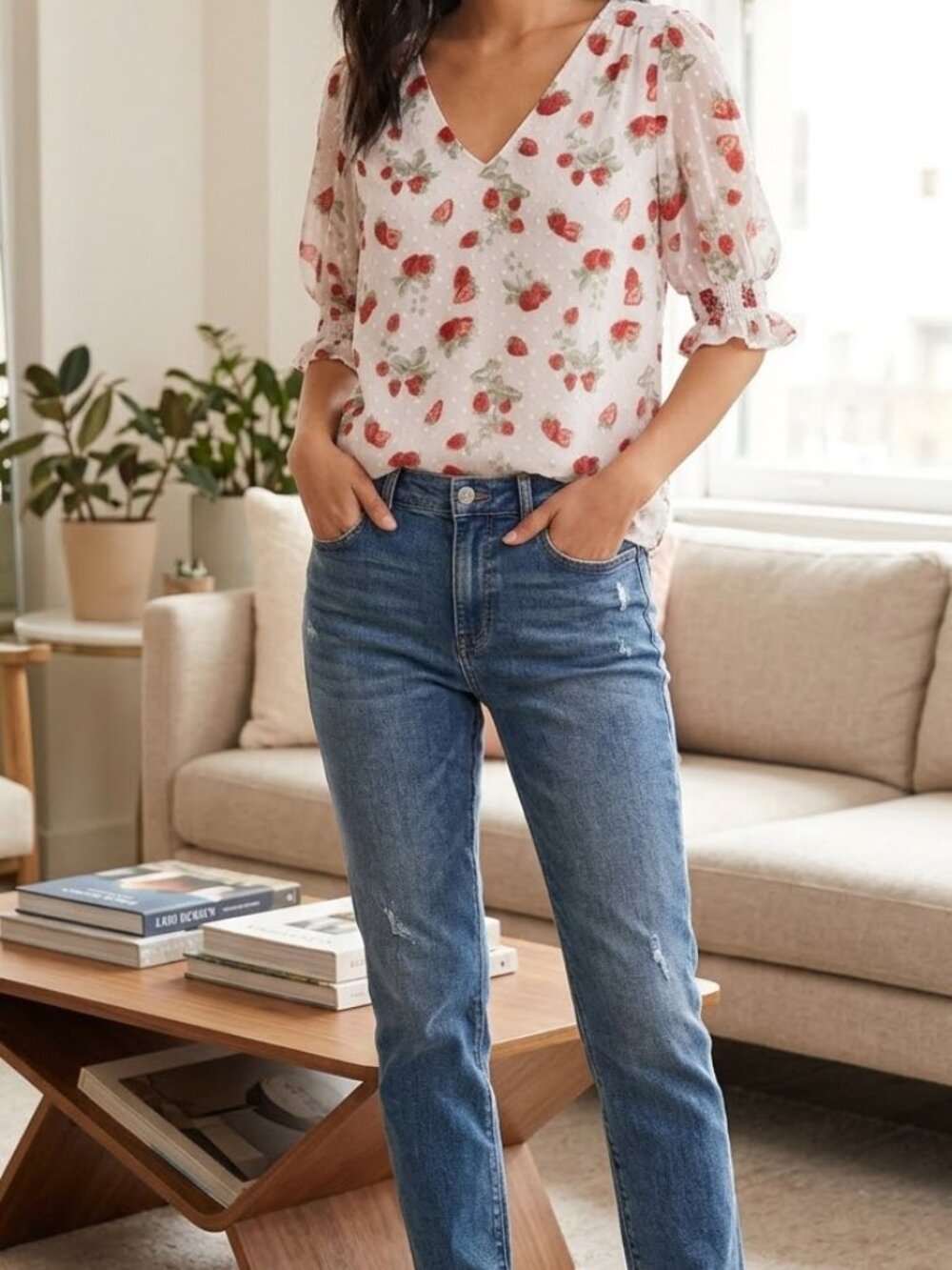 Rachel Zoe Strawberry Print Swiss Dot Chiffon Blouse - Size Large